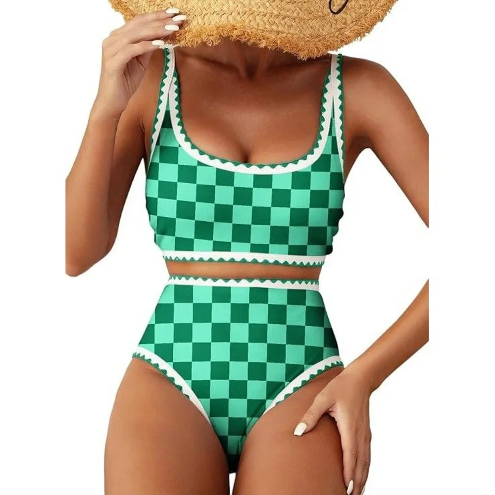 Women Green Checkered Ric Rac High Waisted Bikini Set Size L NWOT